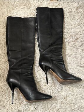 Jimmy Choo Black Leather Knee High Chunky Boot Heels (US 7/ IT 37)